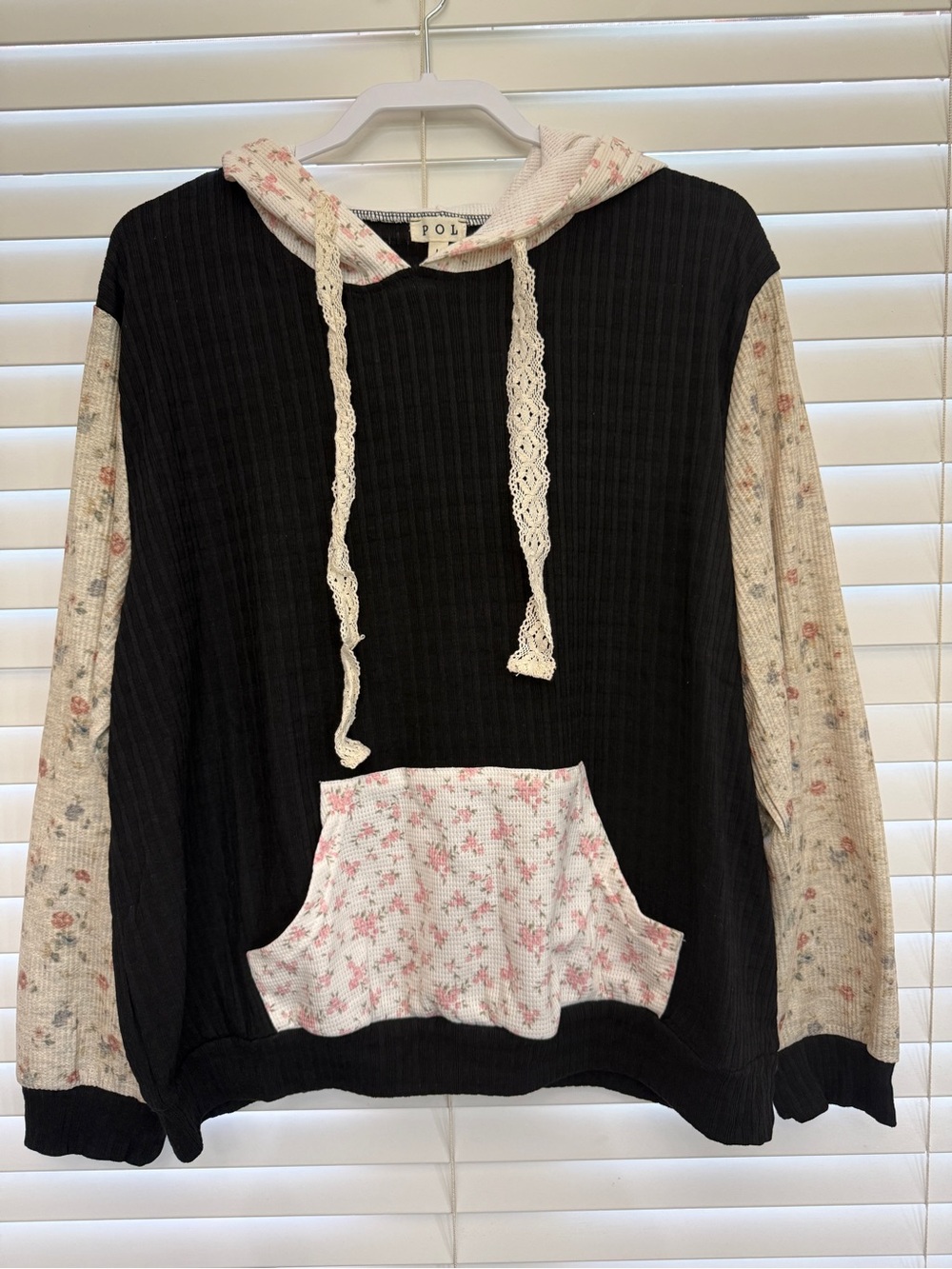 POL Black Hoodie with Cream Floral Sleeves and Pocket
